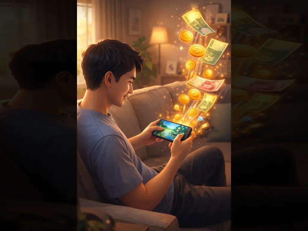Ilustrasi pengguna bermain game sambil mendapatkan uang digital